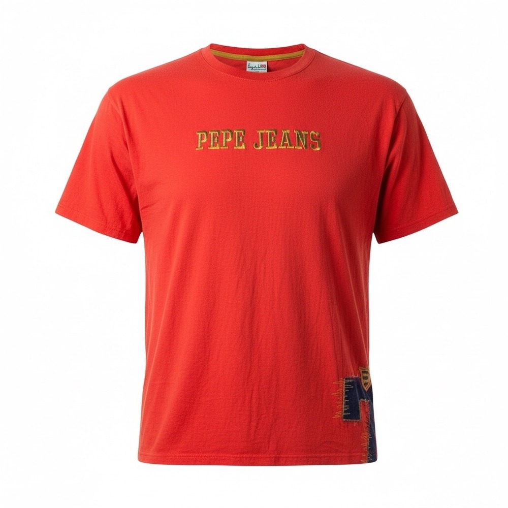 Vintage Y2K Pepe Jeans London Red Cotton T Shirt Size 5XL Embroidered Logo Patch